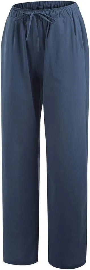 Women Summer Casual Pants Linen Cotton Elastic Waist Palazzo Trousers Loose Solid Straight Wide Leg Pants with Pocket