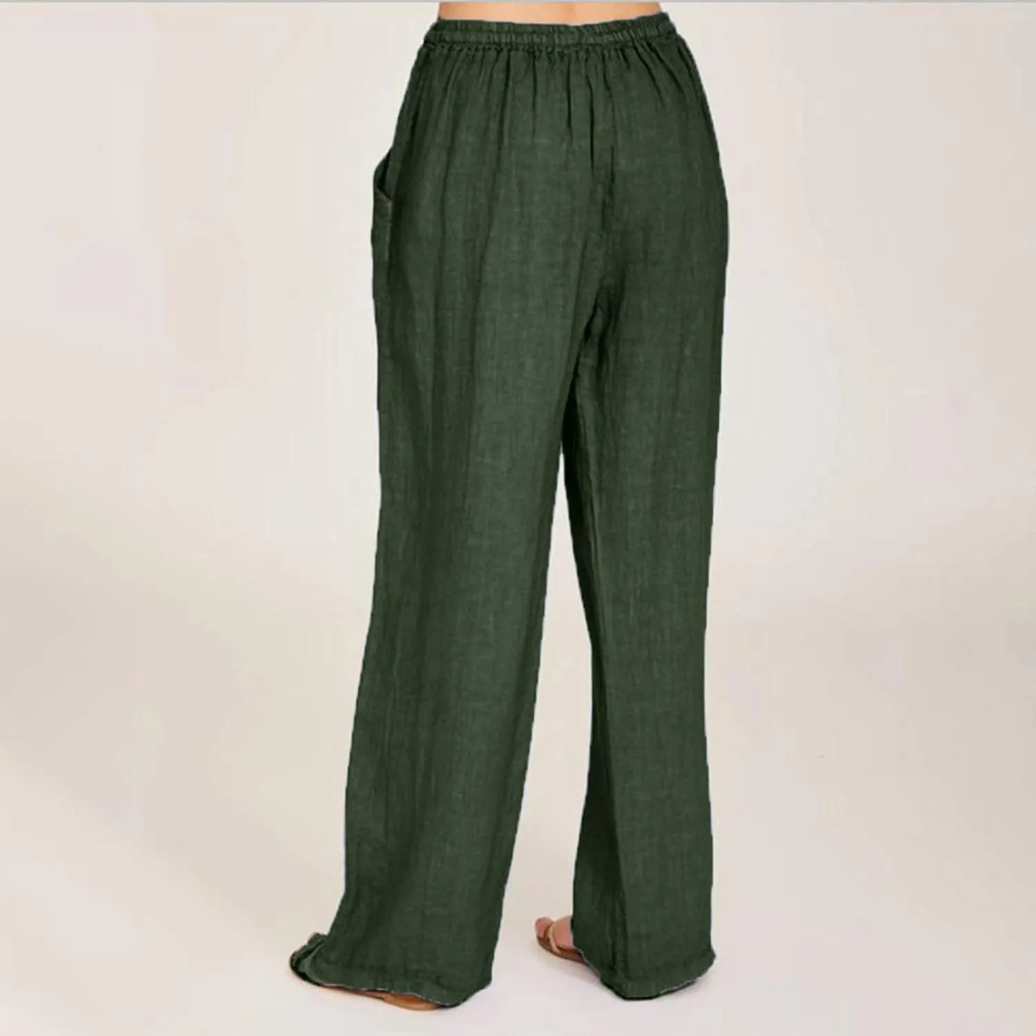 Women Summer Casual Pants Linen Cotton Elastic Waist Palazzo Trousers Loose Solid Straight Wide Leg Pants with Pocket