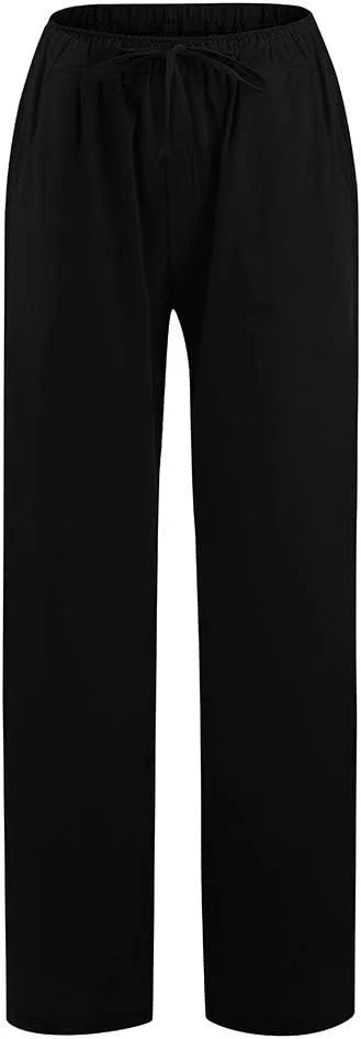 Women Summer Casual Pants Linen Cotton Elastic Waist Palazzo Trousers Loose Solid Straight Wide Leg Pants with Pocket