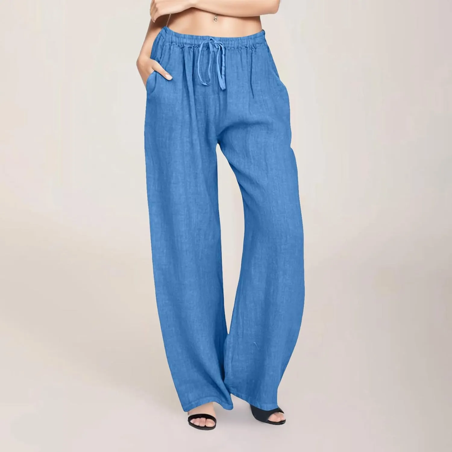 Women Summer Casual Pants Linen Cotton Elastic Waist Palazzo Trousers Loose Solid Straight Wide Leg Pants with Pocket