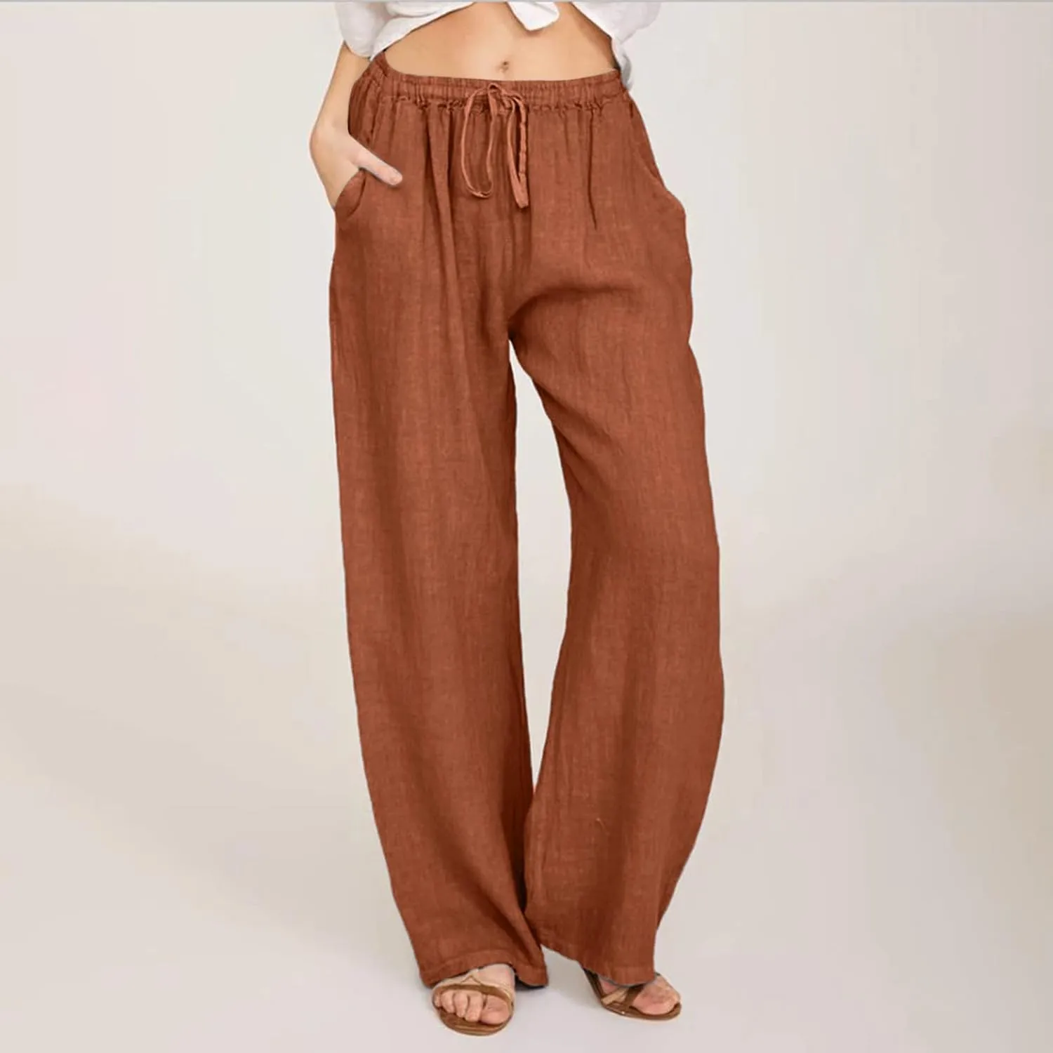 Women Summer Casual Pants Linen Cotton Elastic Waist Palazzo Trousers Loose Solid Straight Wide Leg Pants with Pocket