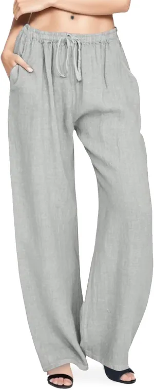 Women Summer Casual Pants Linen Cotton Elastic Waist Palazzo Trousers Loose Solid Straight Wide Leg Pants with Pocket