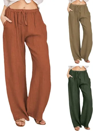 Women Summer Casual Pants Linen Cotton Elastic Waist Palazzo Trousers Loose Solid Straight Wide Leg Pants with Pocket