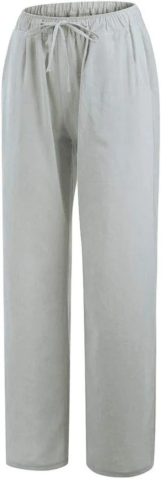 Women Summer Casual Pants Linen Cotton Elastic Waist Palazzo Trousers Loose Solid Straight Wide Leg Pants with Pocket