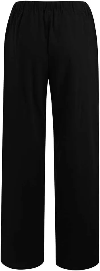 Women Summer Casual Pants Linen Cotton Elastic Waist Palazzo Trousers Loose Solid Straight Wide Leg Pants with Pocket