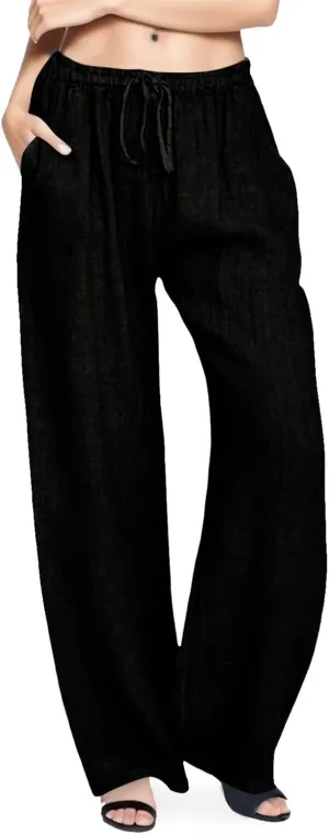 Women Summer Casual Pants Linen Cotton Elastic Waist Palazzo Trousers Loose Solid Straight Wide Leg Pants with Pocket