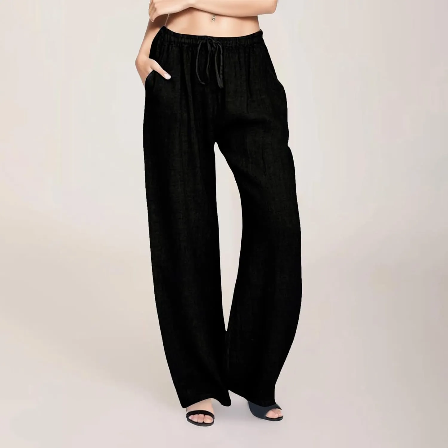 Women Summer Casual Pants Linen Cotton Elastic Waist Palazzo Trousers Loose Solid Straight Wide Leg Pants with Pocket