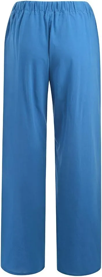 Women Summer Casual Pants Linen Cotton Elastic Waist Palazzo Trousers Loose Solid Straight Wide Leg Pants with Pocket
