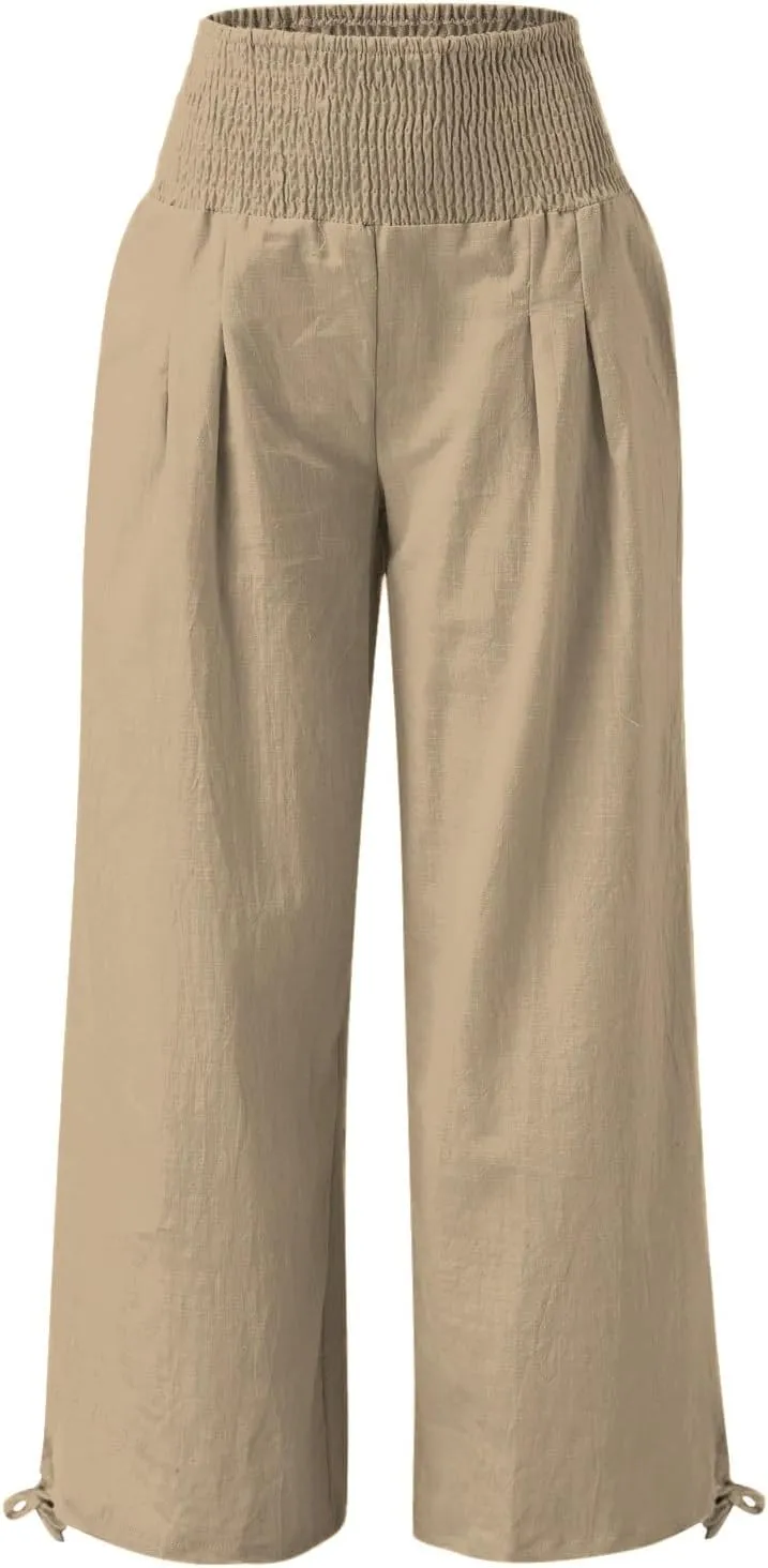 Women Summer High Waisted Linen Pants 2025 Comfy Flowy Wide Leg Pants Trousers Beach Palazzo Pants with Pockets