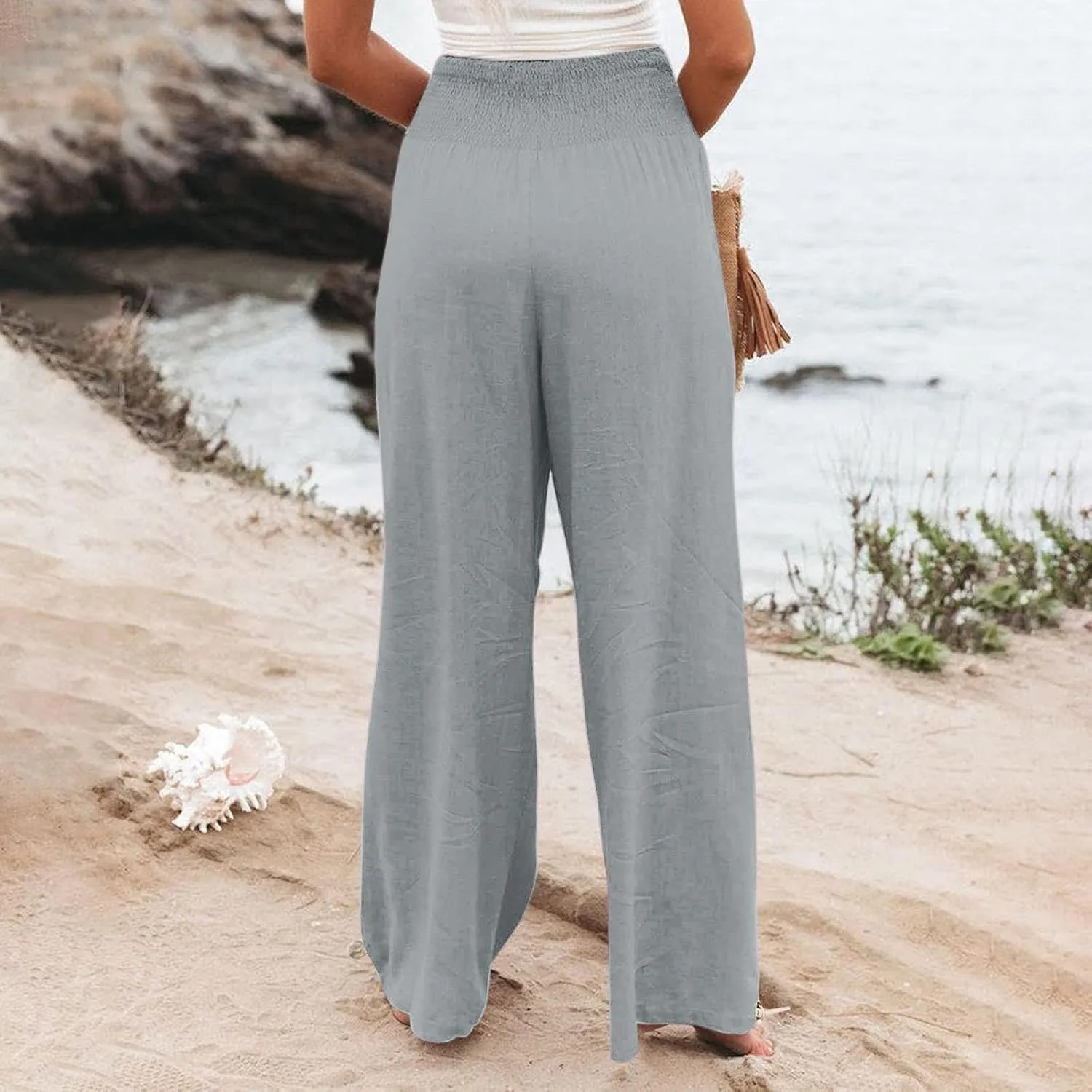 Women Summer High Waisted Linen Pants 2025 Comfy Flowy Wide Leg Pants Trousers Beach Palazzo Pants with Pockets