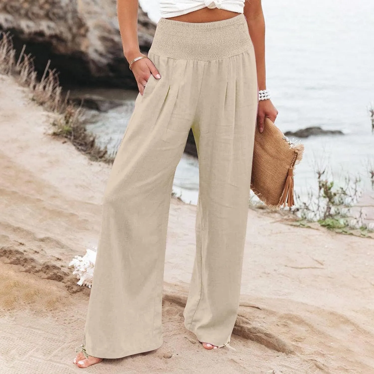 Women Summer High Waisted Linen Pants 2025 Comfy Flowy Wide Leg Pants Trousers Beach Palazzo Pants with Pockets