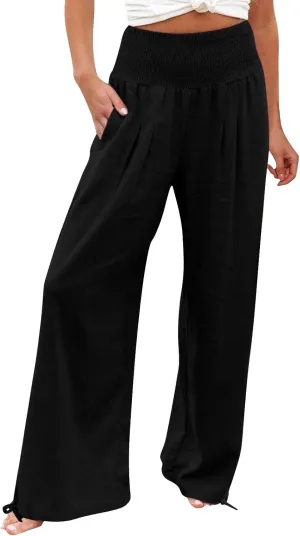 Women Summer High Waisted Linen Pants 2025 Comfy Flowy Wide Leg Pants Trousers Beach Palazzo Pants with Pockets