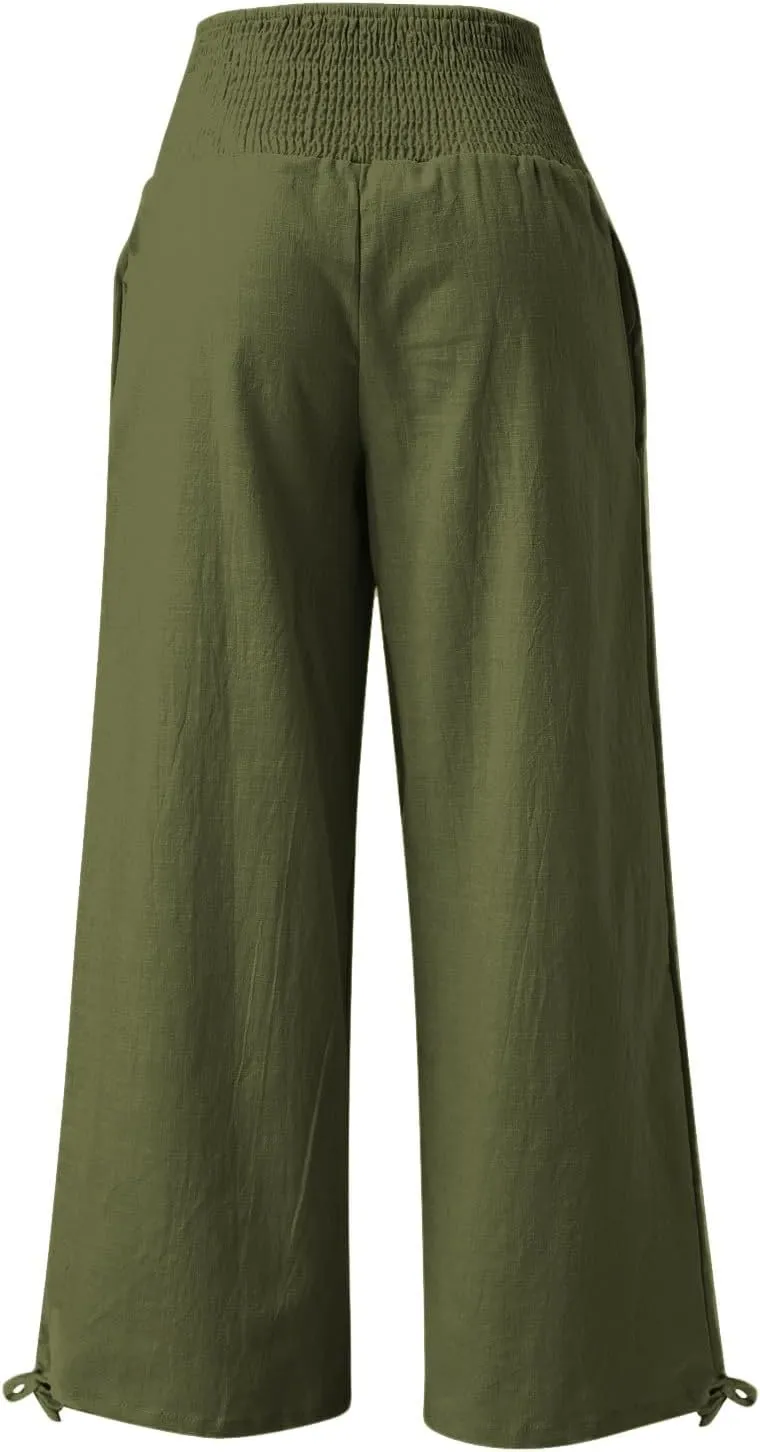 Women Summer High Waisted Linen Pants 2025 Comfy Flowy Wide Leg Pants Trousers Beach Palazzo Pants with Pockets
