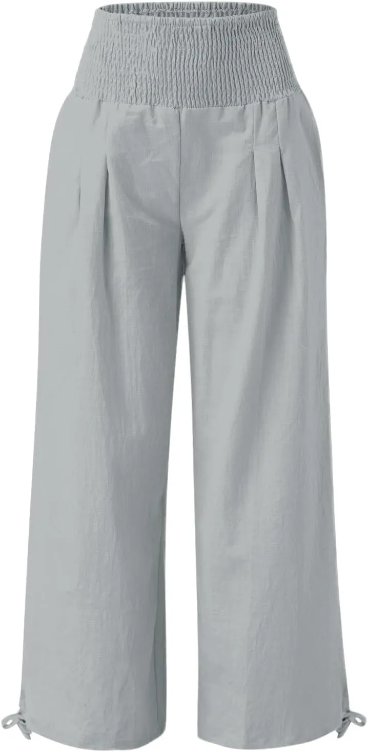 Women Summer High Waisted Linen Pants 2025 Comfy Flowy Wide Leg Pants Trousers Beach Palazzo Pants with Pockets
