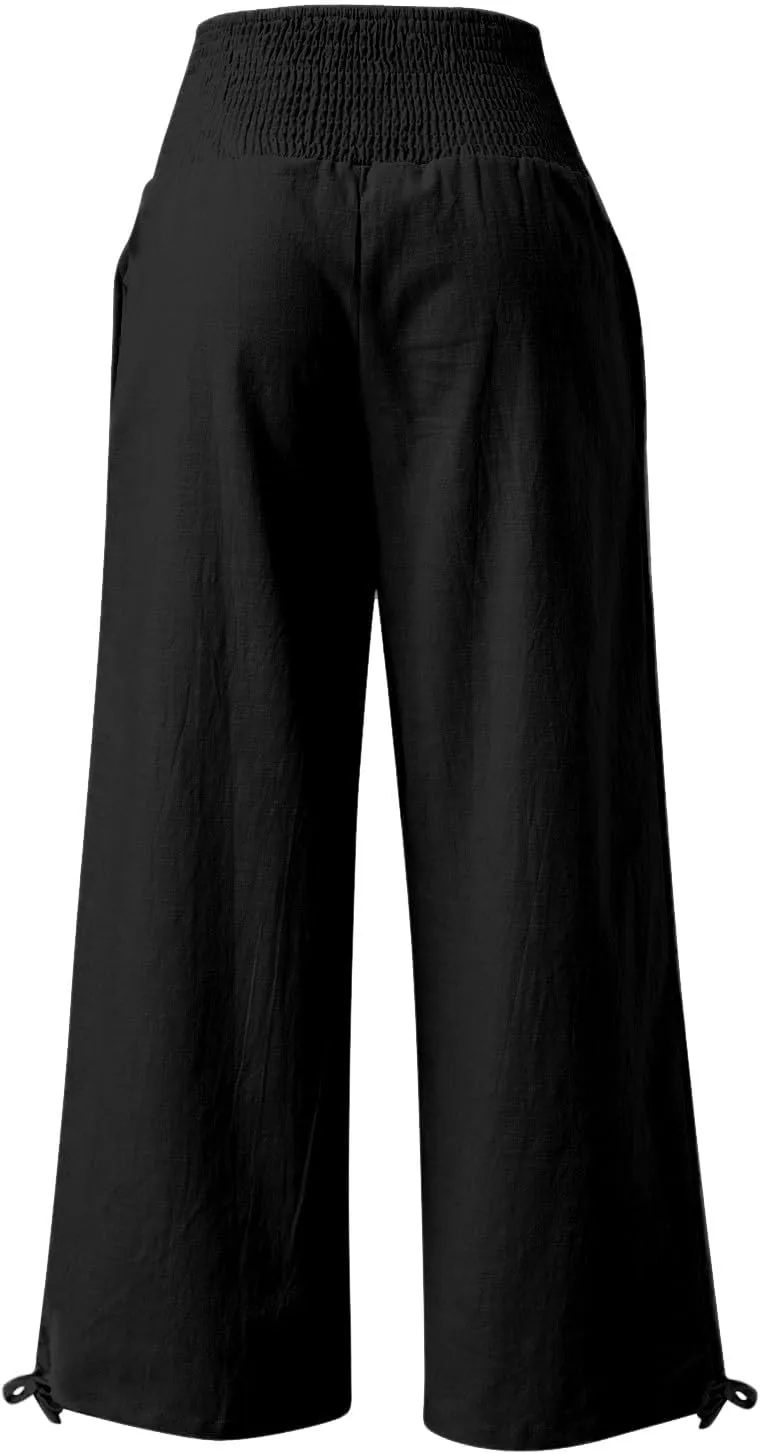Women Summer High Waisted Linen Pants 2025 Comfy Flowy Wide Leg Pants Trousers Beach Palazzo Pants with Pockets