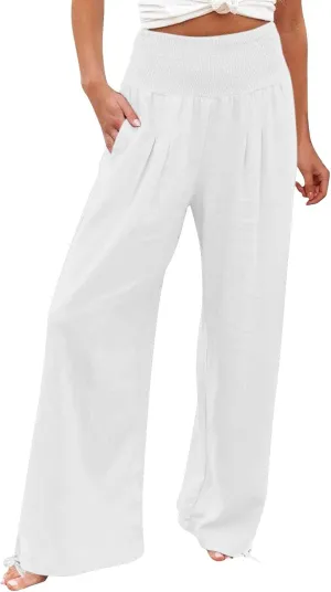 Women Summer High Waisted Linen Pants 2025 Comfy Flowy Wide Leg Pants Trousers Beach Palazzo Pants with Pockets