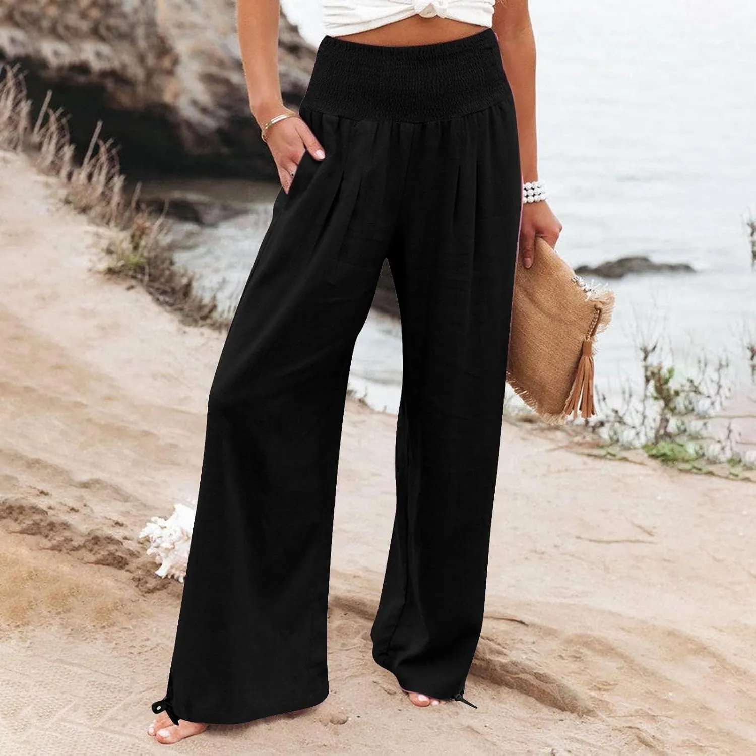 Women Summer High Waisted Linen Pants 2025 Comfy Flowy Wide Leg Pants Trousers Beach Palazzo Pants with Pockets
