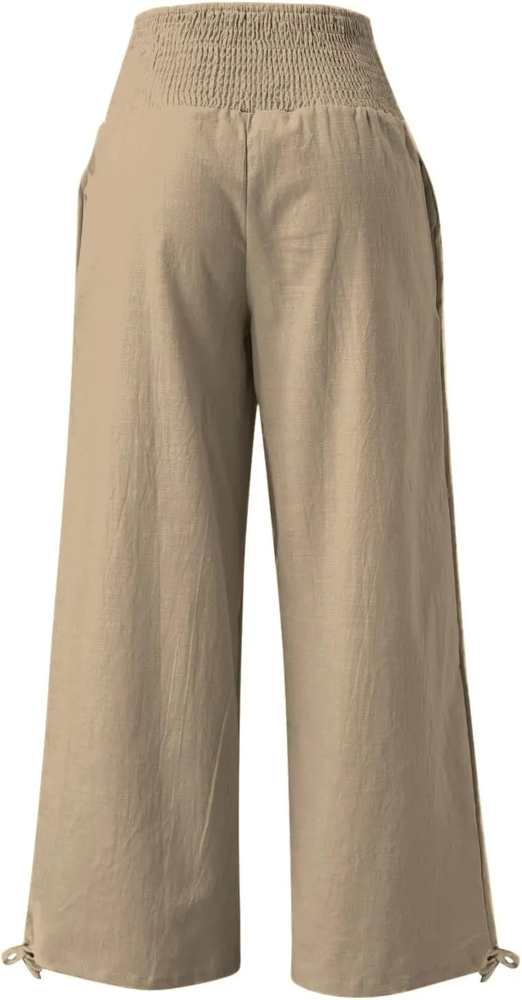 Women Summer High Waisted Linen Pants 2025 Comfy Flowy Wide Leg Pants Trousers Beach Palazzo Pants with Pockets