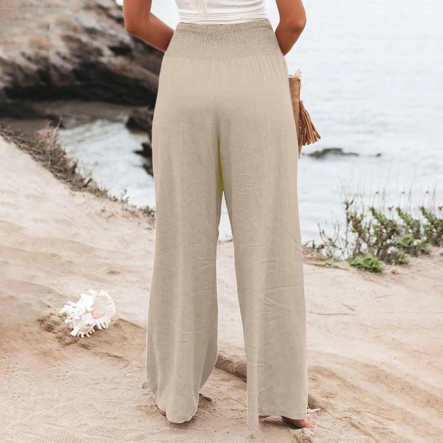 Women Summer High Waisted Linen Pants 2025 Comfy Flowy Wide Leg Pants Trousers Beach Palazzo Pants with Pockets
