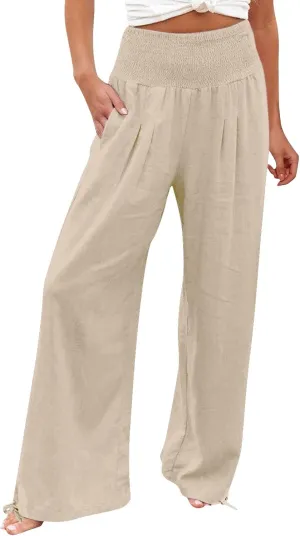 Women Summer High Waisted Linen Pants 2025 Comfy Flowy Wide Leg Pants Trousers Beach Palazzo Pants with Pockets