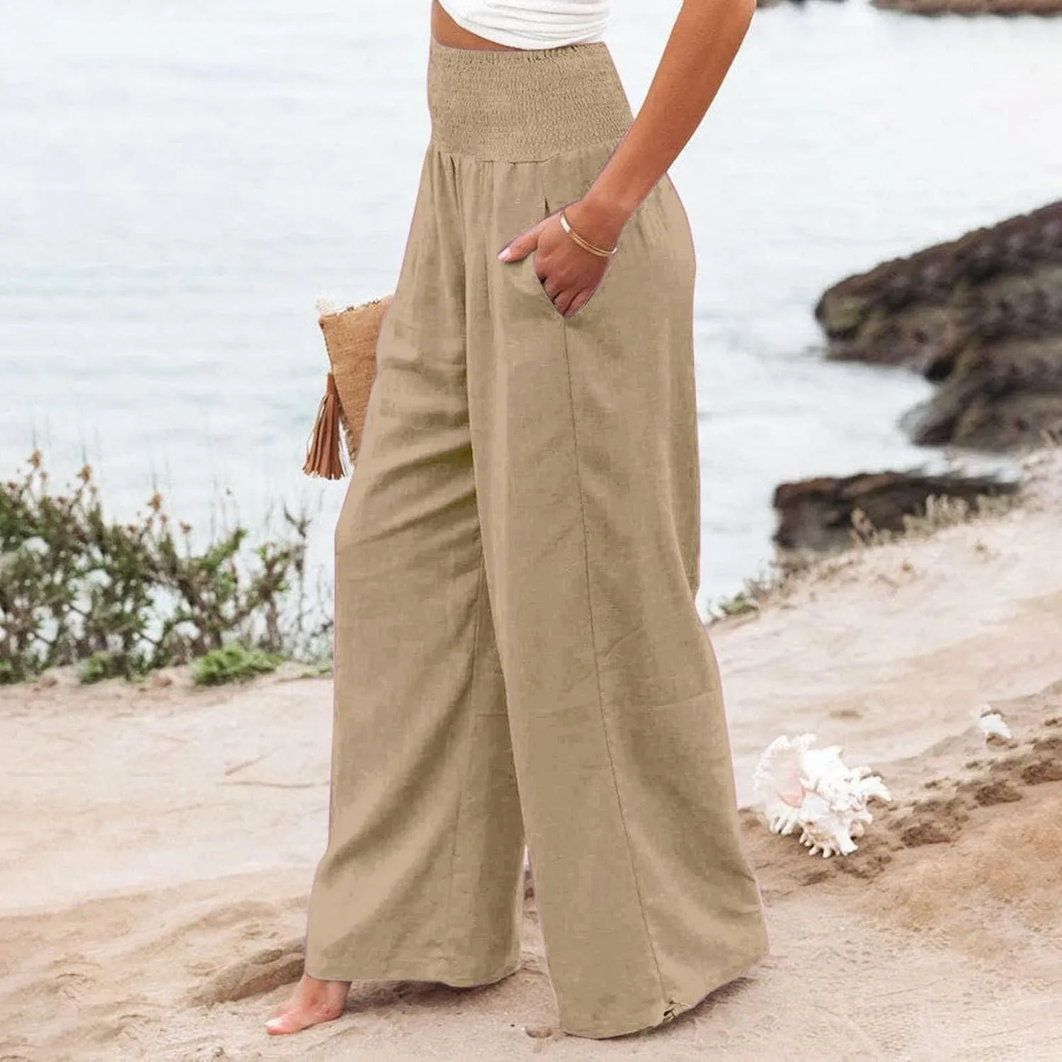 Women Summer High Waisted Linen Pants 2025 Comfy Flowy Wide Leg Pants Trousers Beach Palazzo Pants with Pockets