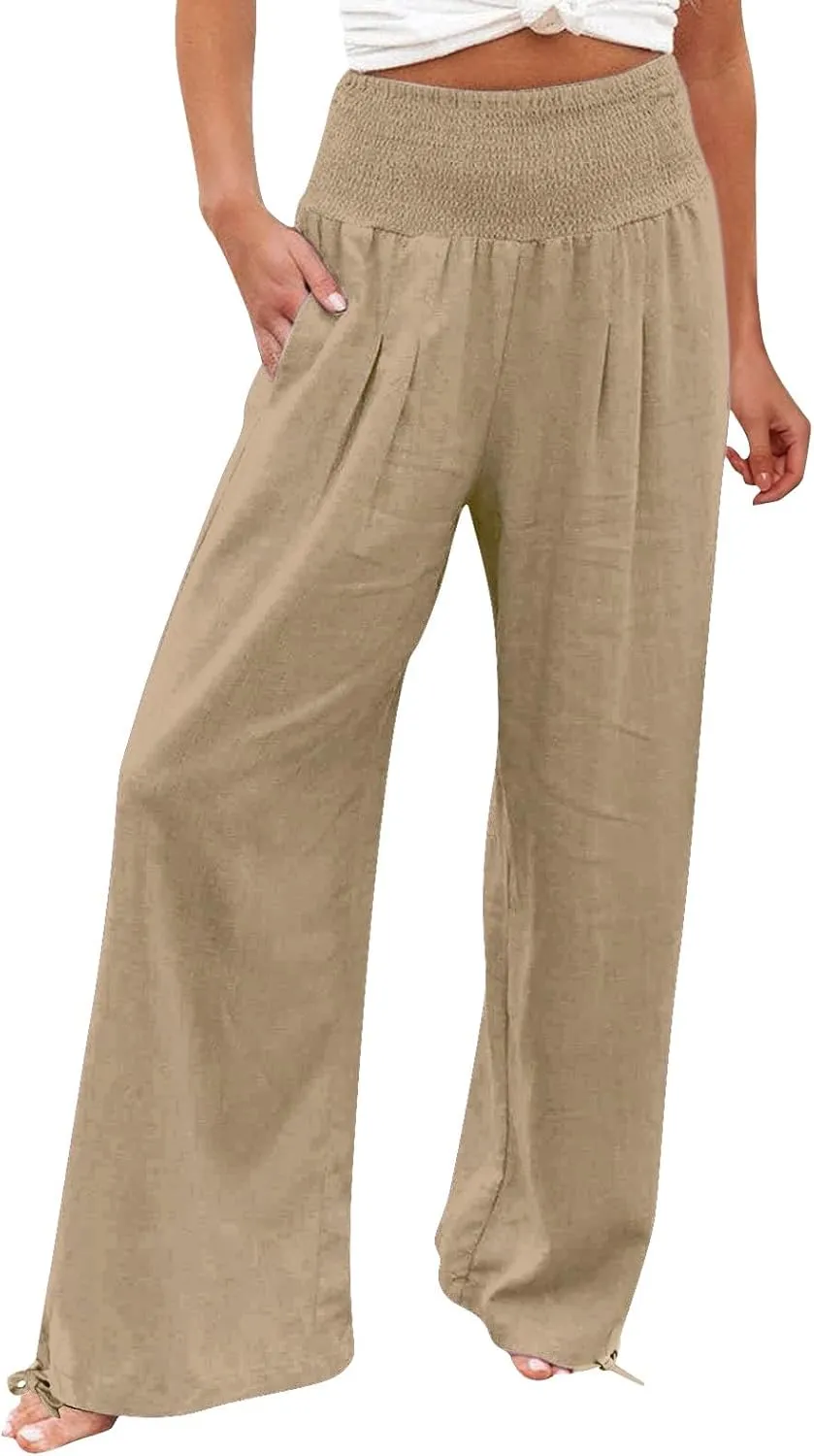 Women Summer High Waisted Linen Pants 2025 Comfy Flowy Wide Leg Pants Trousers Beach Palazzo Pants with Pockets
