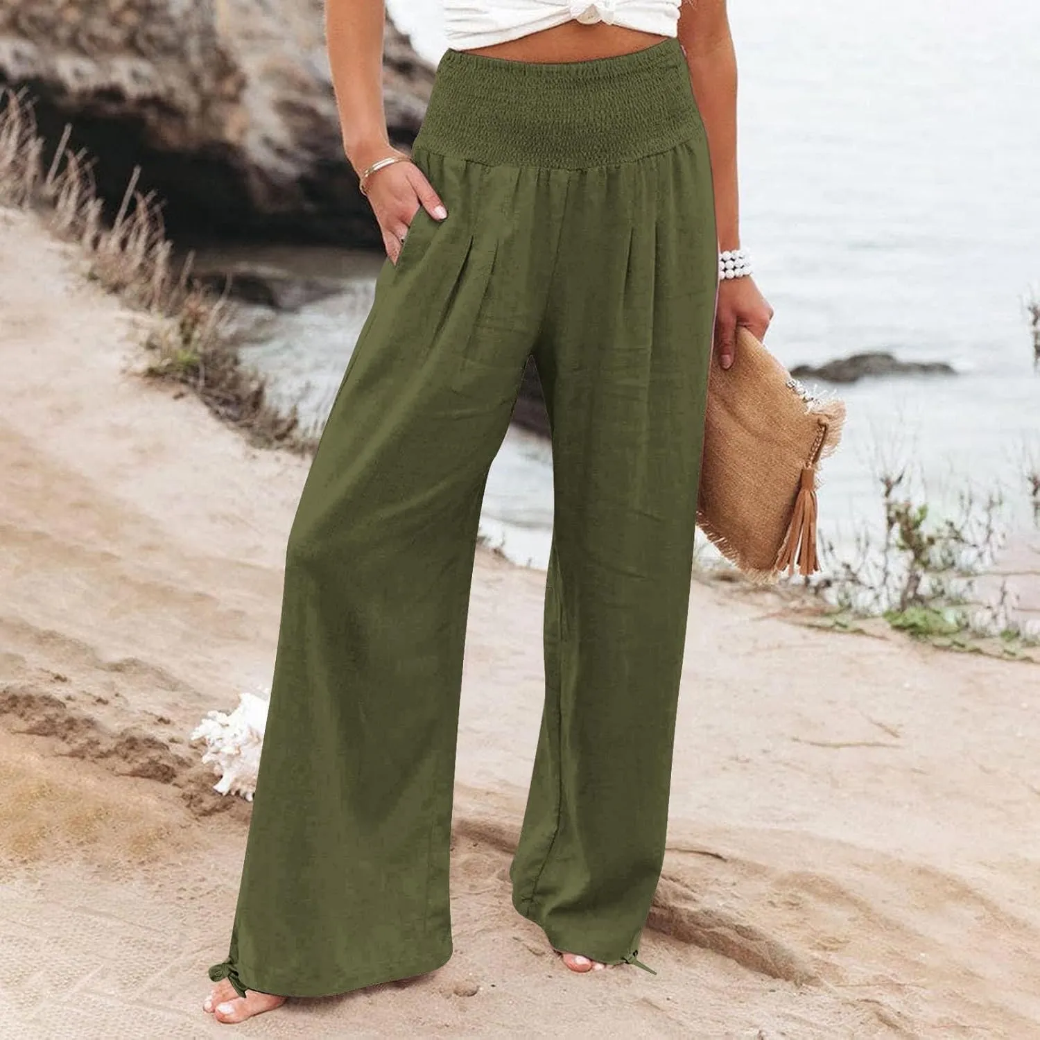 Women Summer High Waisted Linen Pants 2025 Comfy Flowy Wide Leg Pants Trousers Beach Palazzo Pants with Pockets