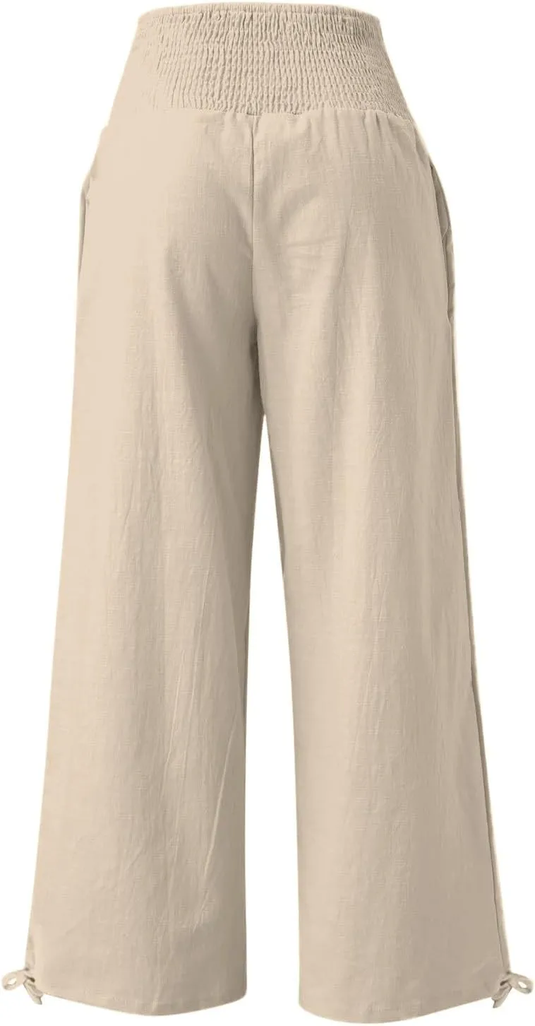 Women Summer High Waisted Linen Pants 2025 Comfy Flowy Wide Leg Pants Trousers Beach Palazzo Pants with Pockets