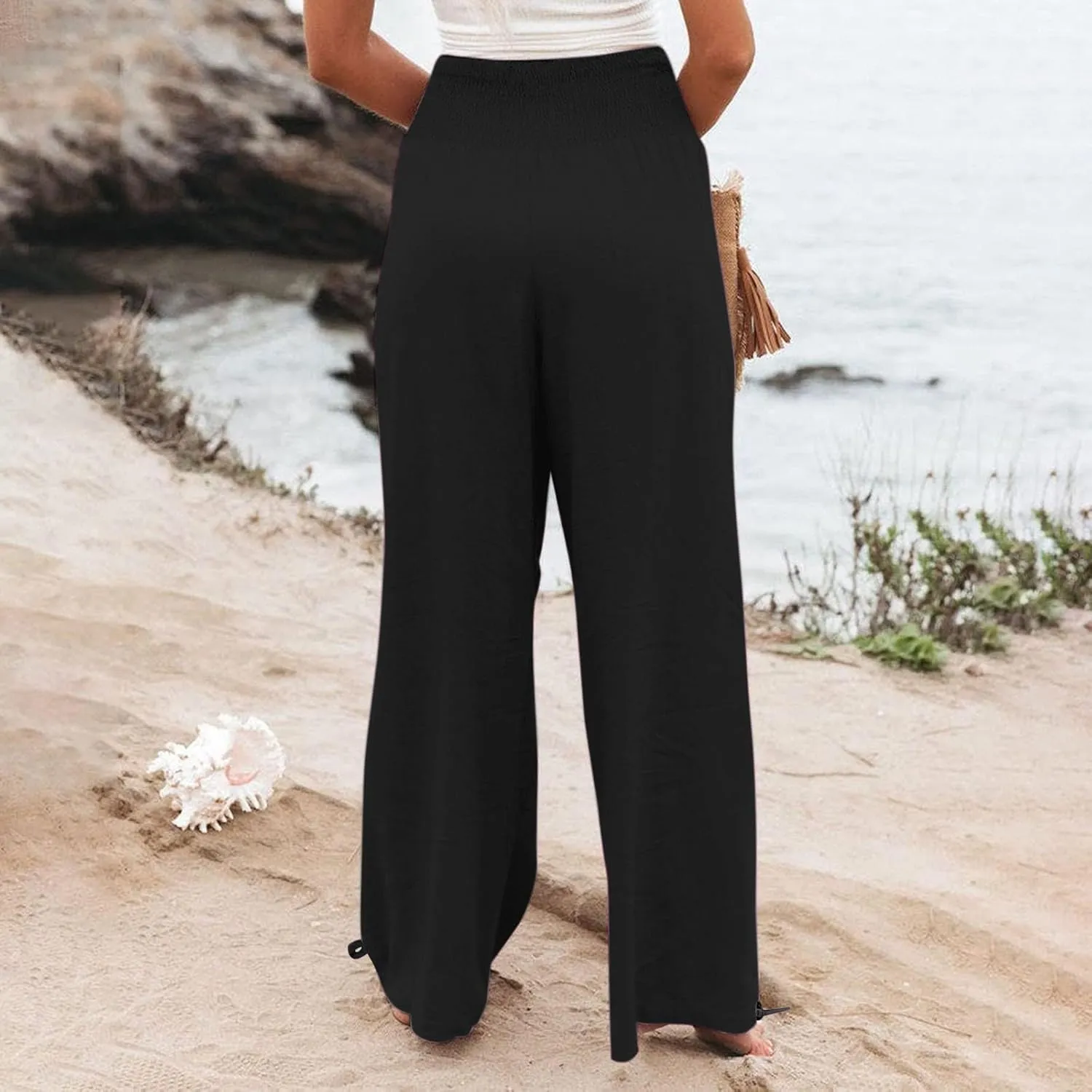 Women Summer High Waisted Linen Pants 2025 Comfy Flowy Wide Leg Pants Trousers Beach Palazzo Pants with Pockets