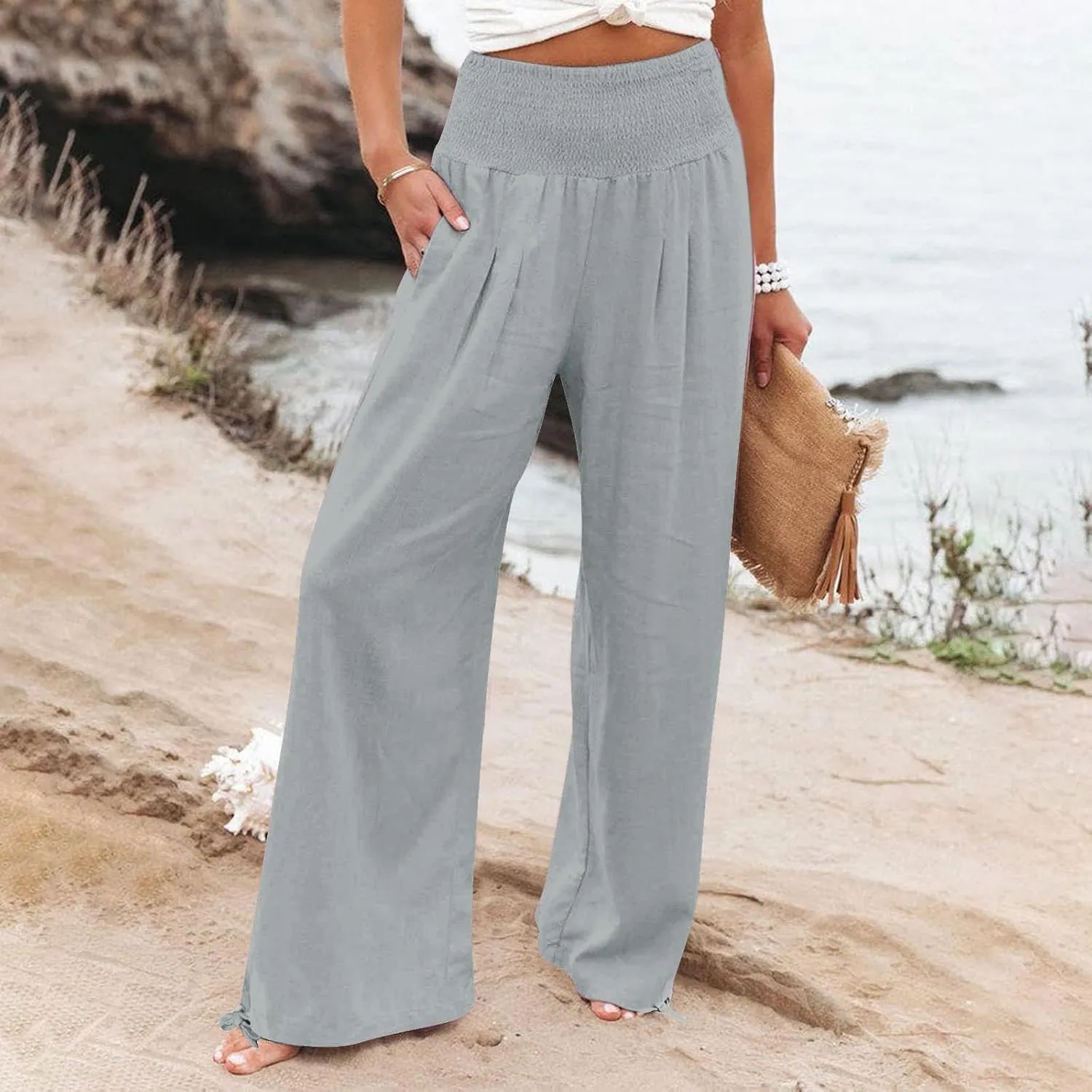 Women Summer High Waisted Linen Pants 2025 Comfy Flowy Wide Leg Pants Trousers Beach Palazzo Pants with Pockets
