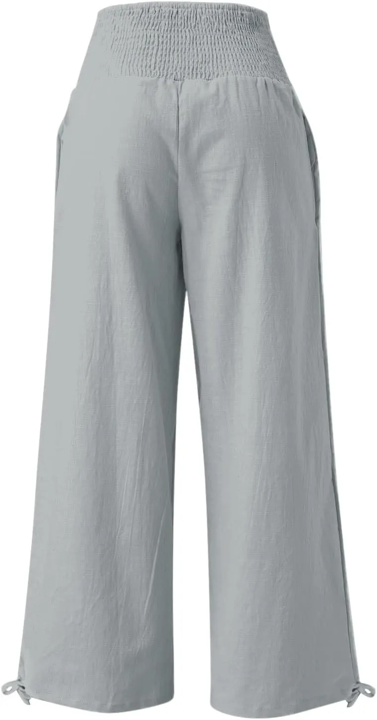 Women Summer High Waisted Linen Pants 2025 Comfy Flowy Wide Leg Pants Trousers Beach Palazzo Pants with Pockets