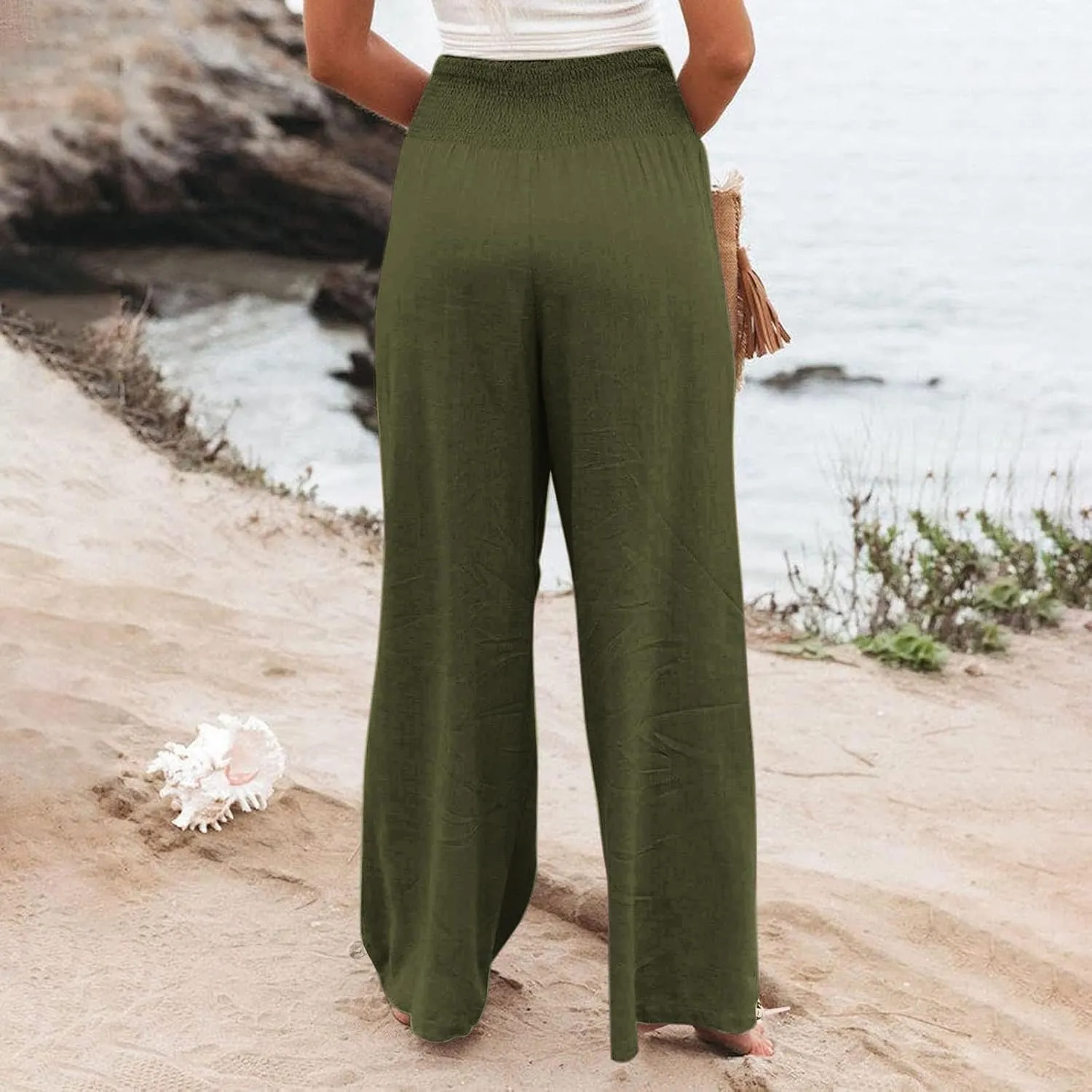 Women Summer High Waisted Linen Pants 2025 Comfy Flowy Wide Leg Pants Trousers Beach Palazzo Pants with Pockets