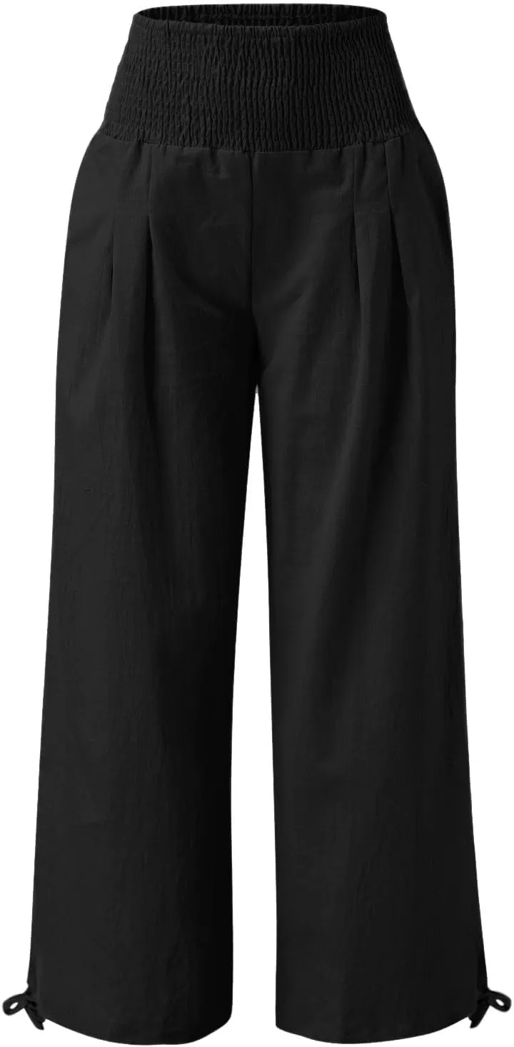 Women Summer High Waisted Linen Pants 2025 Comfy Flowy Wide Leg Pants Trousers Beach Palazzo Pants with Pockets