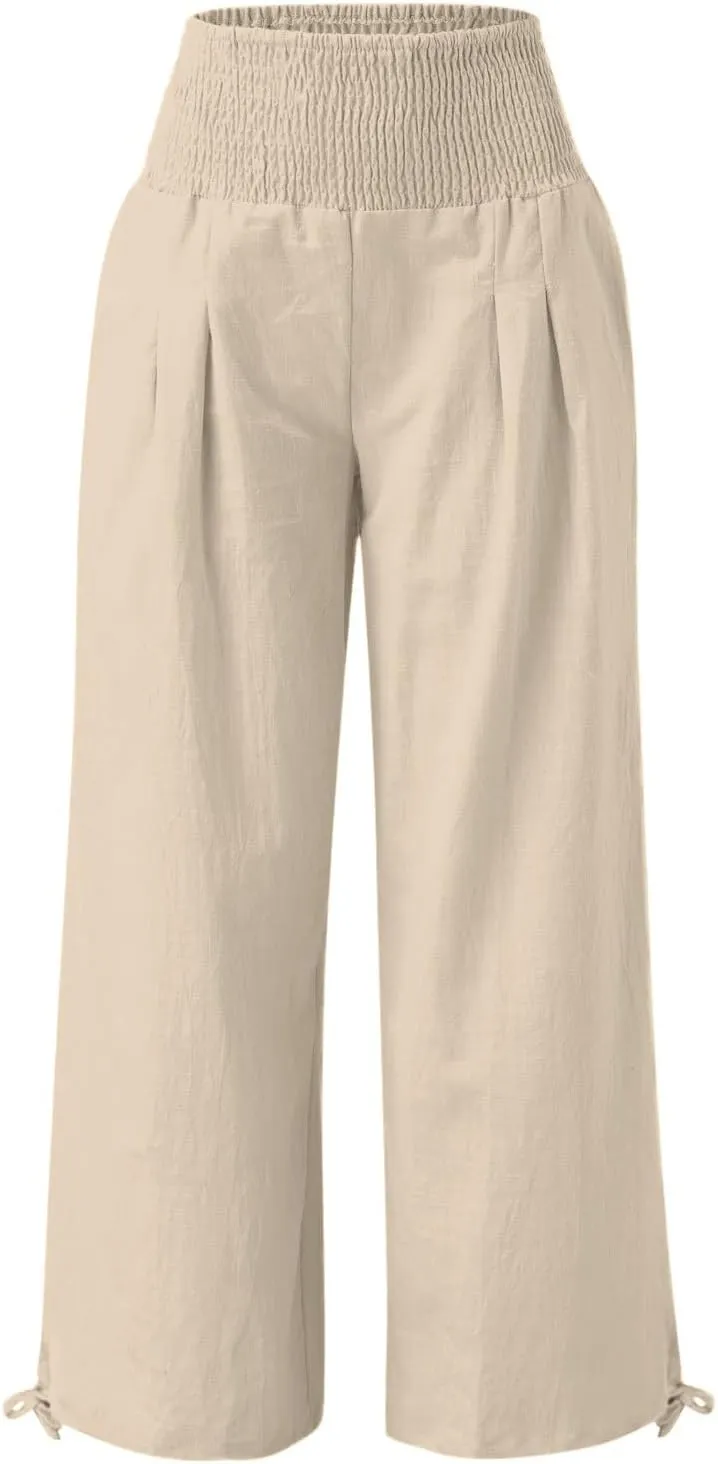 Women Summer High Waisted Linen Pants 2025 Comfy Flowy Wide Leg Pants Trousers Beach Palazzo Pants with Pockets