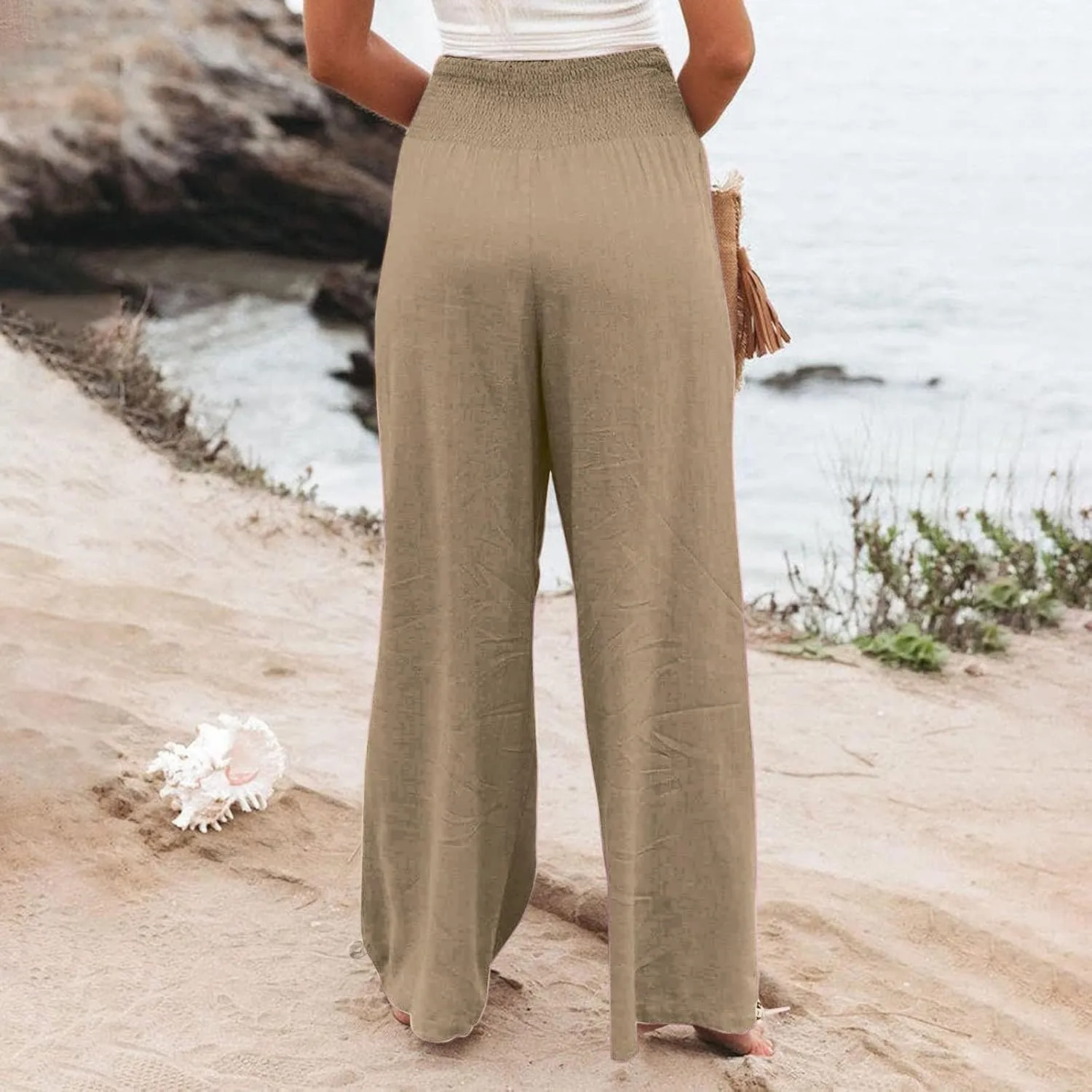 Women Summer High Waisted Linen Pants 2025 Comfy Flowy Wide Leg Pants Trousers Beach Palazzo Pants with Pockets