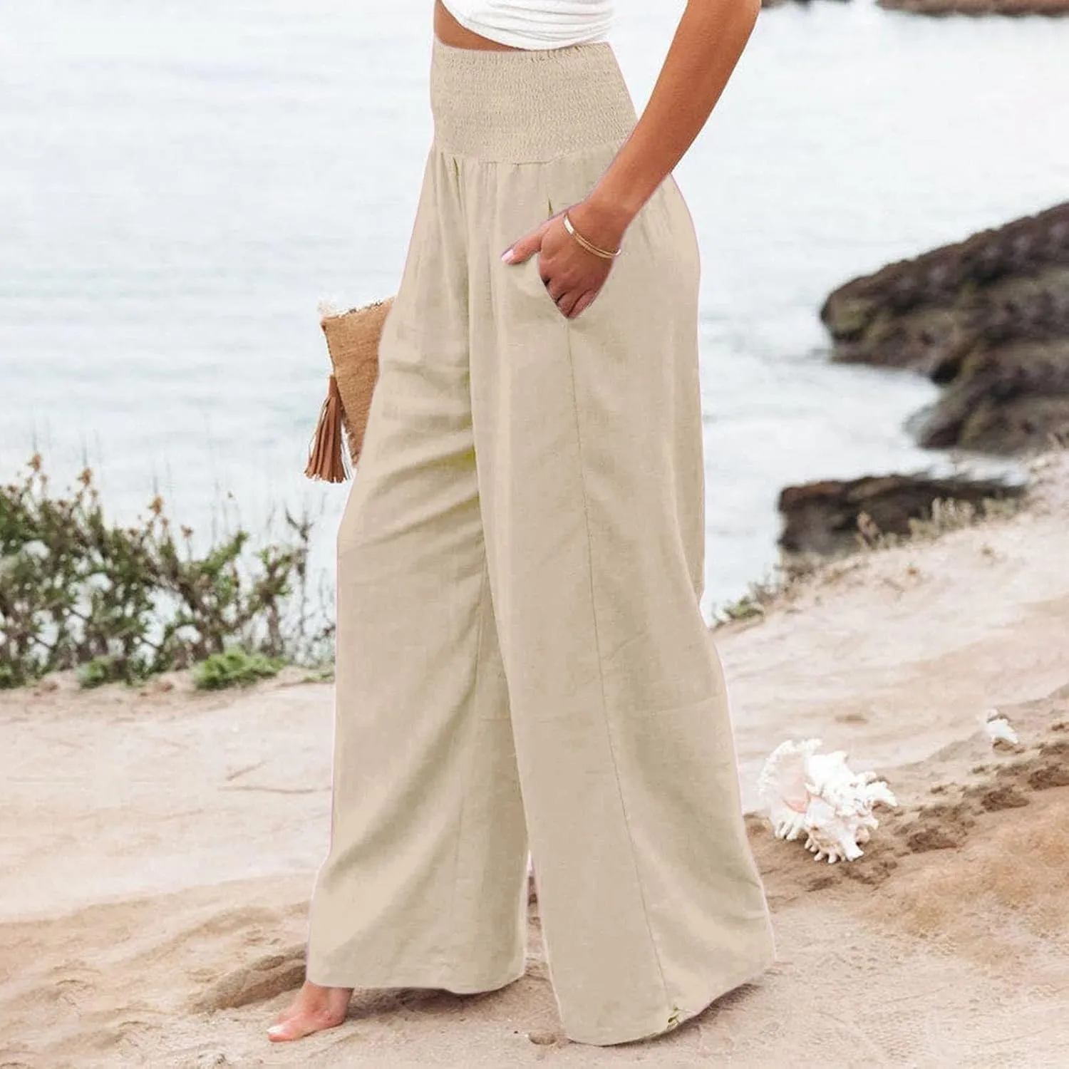 Women Summer High Waisted Linen Pants 2025 Comfy Flowy Wide Leg Pants Trousers Beach Palazzo Pants with Pockets