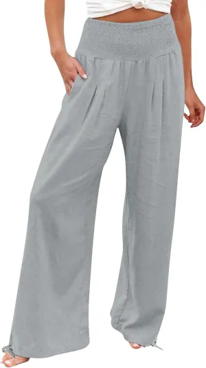 Women Summer High Waisted Linen Pants 2025 Comfy Flowy Wide Leg Pants Trousers Beach Palazzo Pants with Pockets