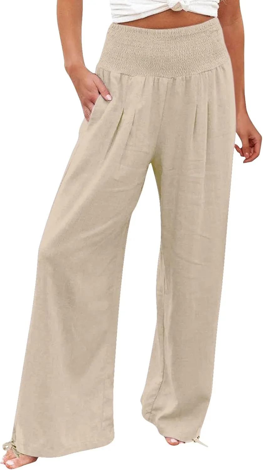Women Summer High Waisted Linen Pants 2025 Comfy Flowy Wide Leg Pants Trousers Beach Palazzo Pants with Pockets