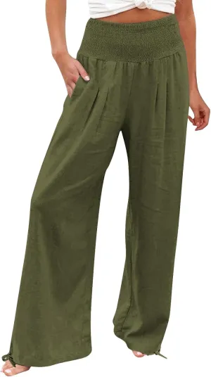 Women Summer High Waisted Linen Pants 2025 Comfy Flowy Wide Leg Pants Trousers Beach Palazzo Pants with Pockets