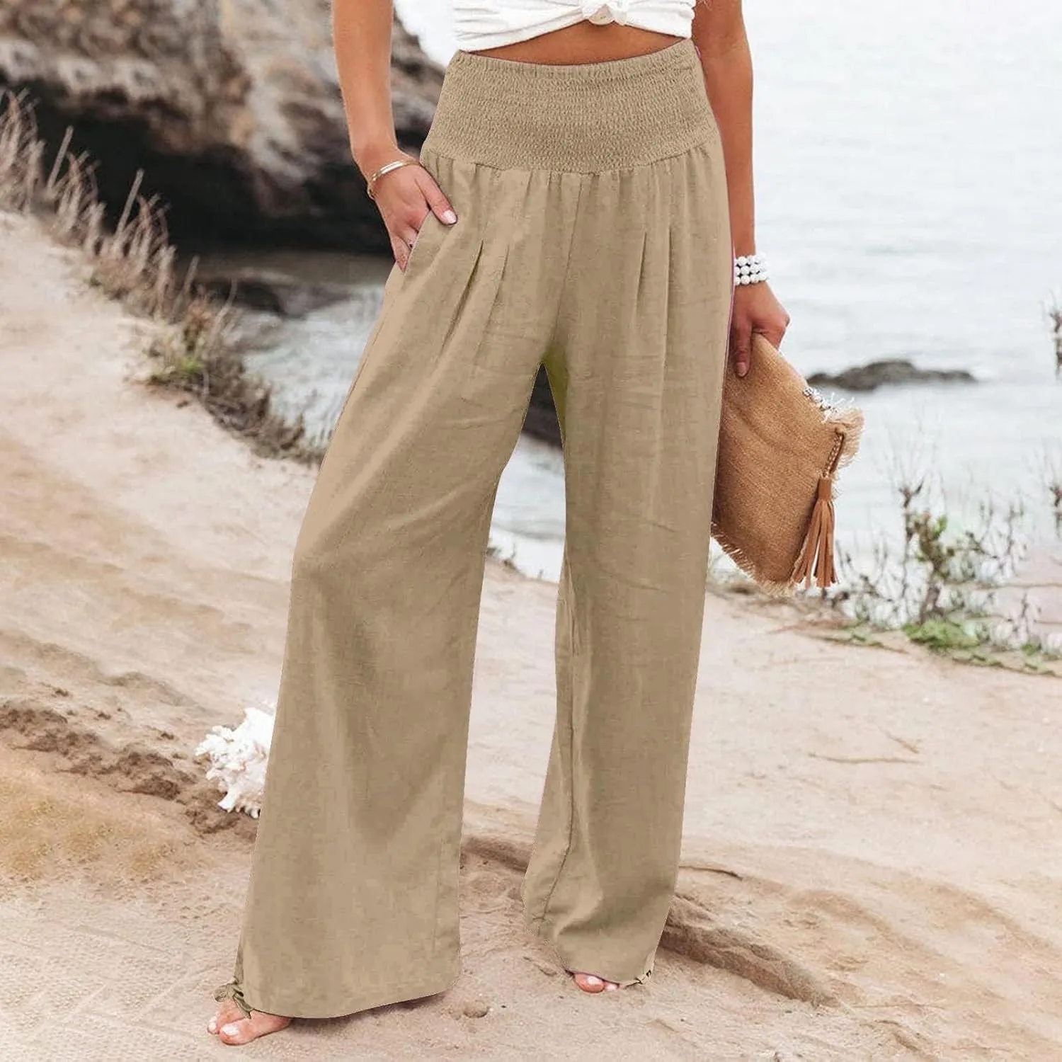 Women Summer High Waisted Linen Pants 2025 Comfy Flowy Wide Leg Pants Trousers Beach Palazzo Pants with Pockets