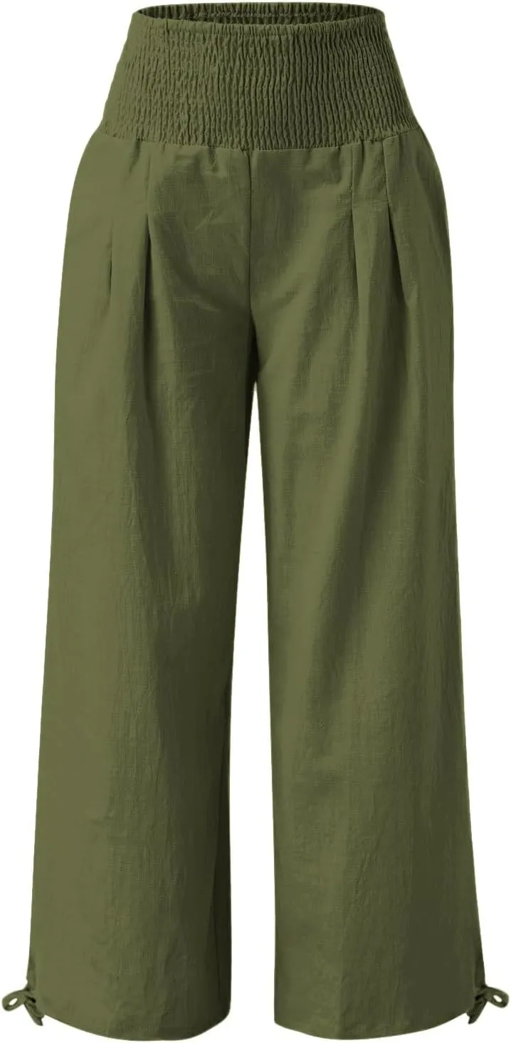 Women Summer High Waisted Linen Pants 2025 Comfy Flowy Wide Leg Pants Trousers Beach Palazzo Pants with Pockets
