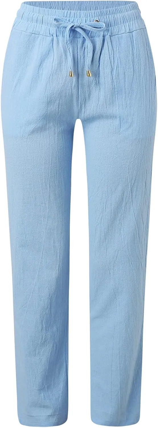 Women Summer Linen Cotton Trousers Drawstring Elastic High Waisted Casual Pants Straight Leg Beach Lounge Pants with Pocket