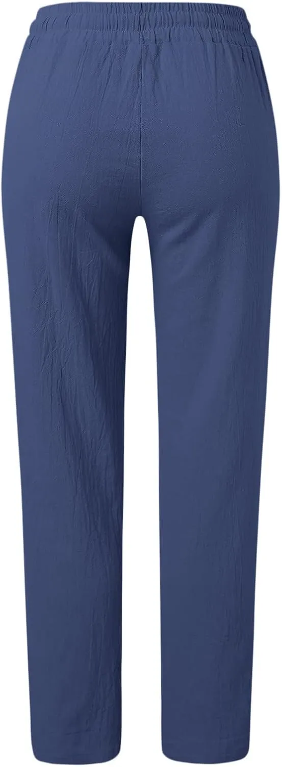 Women Summer Linen Cotton Trousers Drawstring Elastic High Waisted Casual Pants Straight Leg Beach Lounge Pants with Pocket