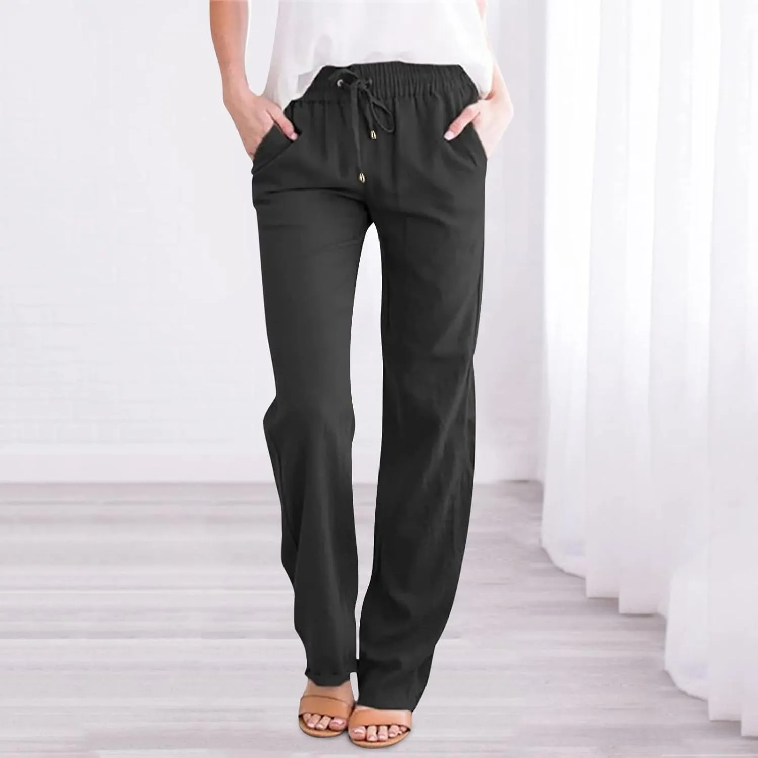Women Summer Linen Cotton Trousers Drawstring Elastic High Waisted Casual Pants Straight Leg Beach Lounge Pants with Pocket