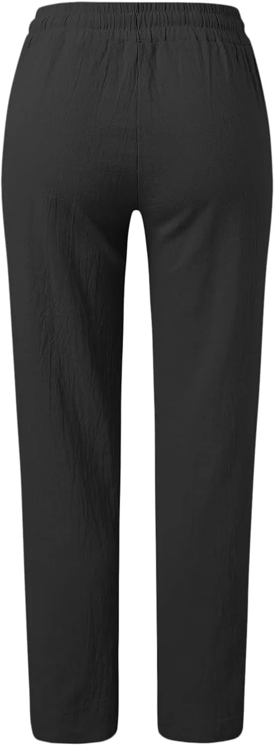 Women Summer Linen Cotton Trousers Drawstring Elastic High Waisted Casual Pants Straight Leg Beach Lounge Pants with Pocket
