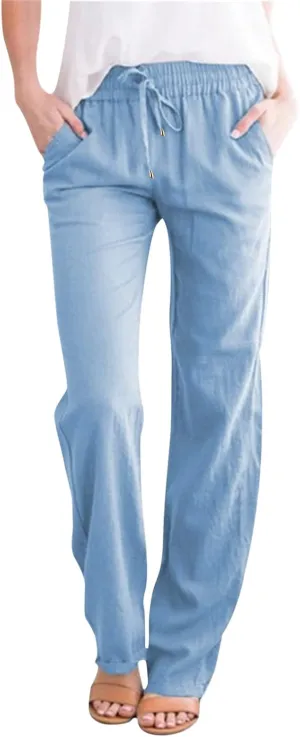 Women Summer Linen Cotton Trousers Drawstring Elastic High Waisted Casual Pants Straight Leg Beach Lounge Pants with Pocket