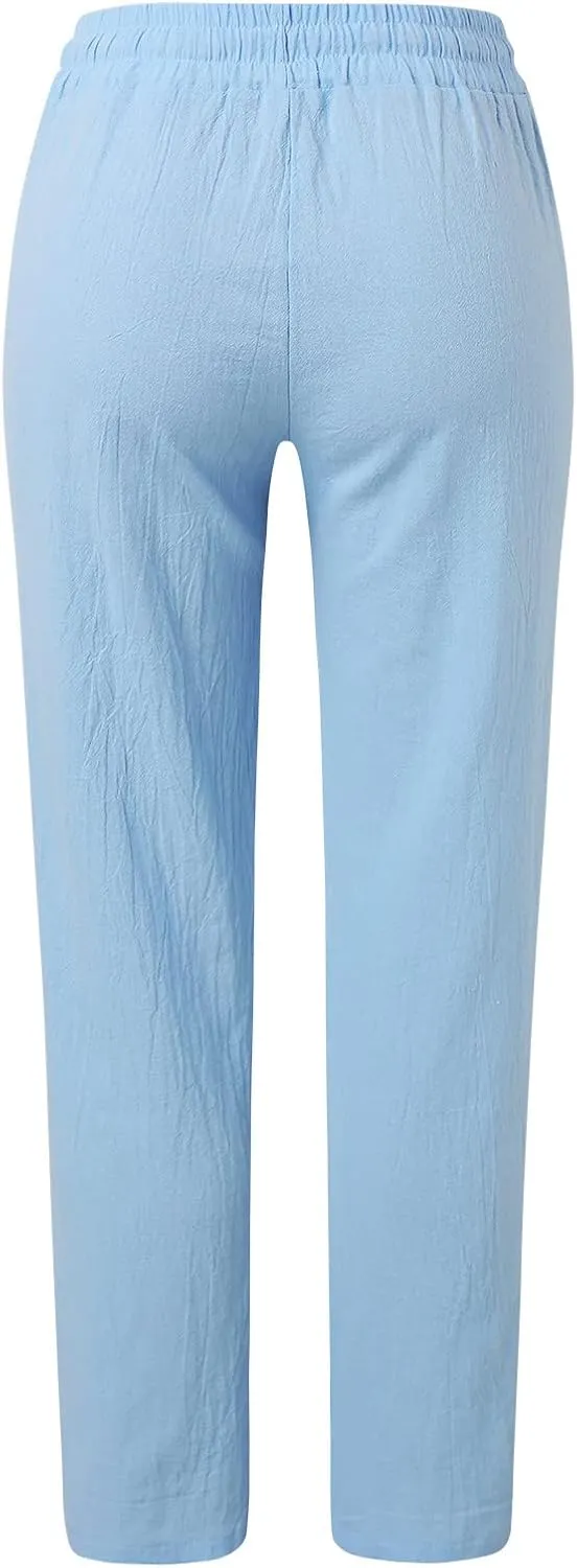 Women Summer Linen Cotton Trousers Drawstring Elastic High Waisted Casual Pants Straight Leg Beach Lounge Pants with Pocket