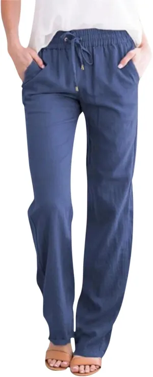 Women Summer Linen Cotton Trousers Drawstring Elastic High Waisted Casual Pants Straight Leg Beach Lounge Pants with Pocket
