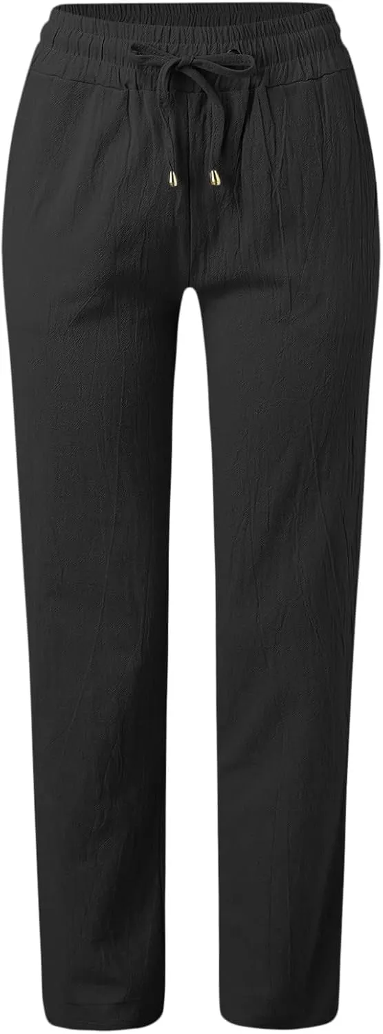 Women Summer Linen Cotton Trousers Drawstring Elastic High Waisted Casual Pants Straight Leg Beach Lounge Pants with Pocket
