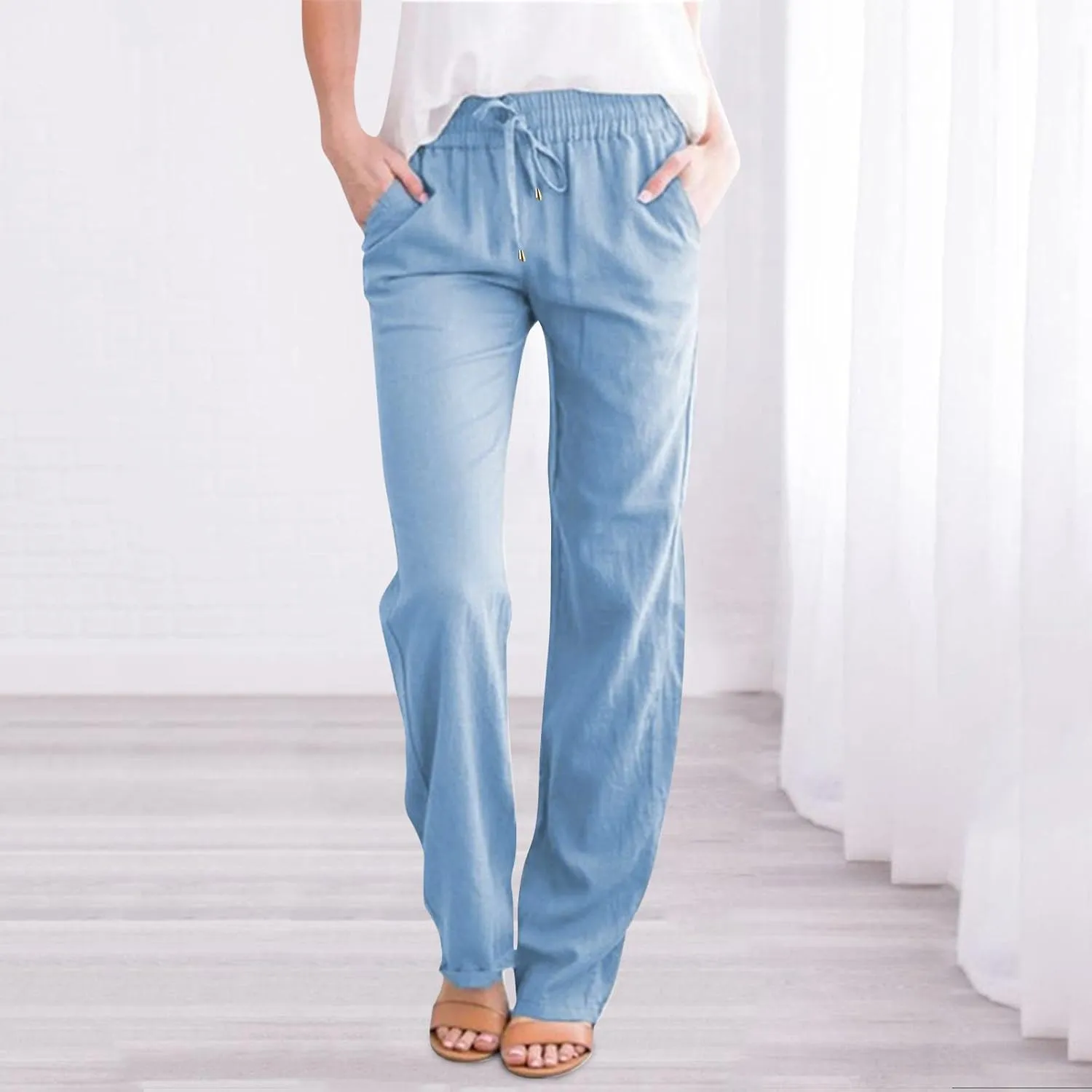 Women Summer Linen Cotton Trousers Drawstring Elastic High Waisted Casual Pants Straight Leg Beach Lounge Pants with Pocket
